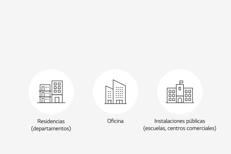  Tres círculos blancos de izquierda a derecha representan los contornos de una residencia (apartamento), una oficina y una instalación pública como una escuela o área comercial.