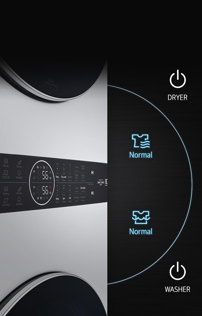 Vista lateral del panel con botones iluminados. Imagen muestra botones de encendido de lavadora y secadora en ciclo normal.