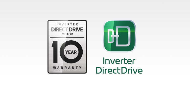 Fondo gris con logotipo de garantía de 10 años Inverter DirectDrive, Inverter DirectDrive y botón rojo "Más información"