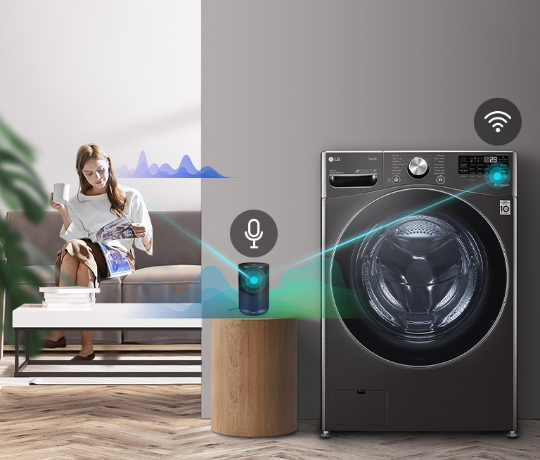 Mujer habla con un altavoz AI, conectando a la lavadora mediante líneas y ondas sonoras para control inteligente.