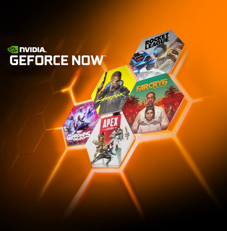 Hay varias imágenes pequeñas de distintos juegos de NVIDIA GEFORCE NOW, incluidos Rocket League, Far Cry 6, Apex legends, etc. Y hay un logotipo de NVIDIA Geforce Now en la esquina superior izquierda.