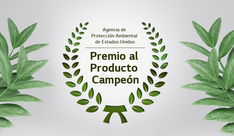 Hay una corona de laurel verde alrededor del texto: “Premio al Producto Campeón de la EPA”. A ambos lados de la imagen se colocan hojas verdes.