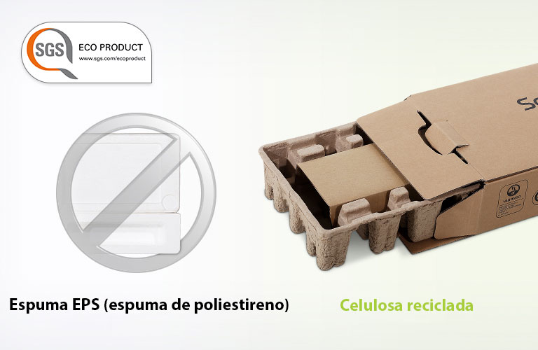 Aparece el logotipo de SGS ECO PRODUCT en la esquina superior izquierda. Aparece una marca gris de prohibido en la imagen de espuma de poliestireno de la izquierda y en la imagen de la caja del embalaje de la derecha.