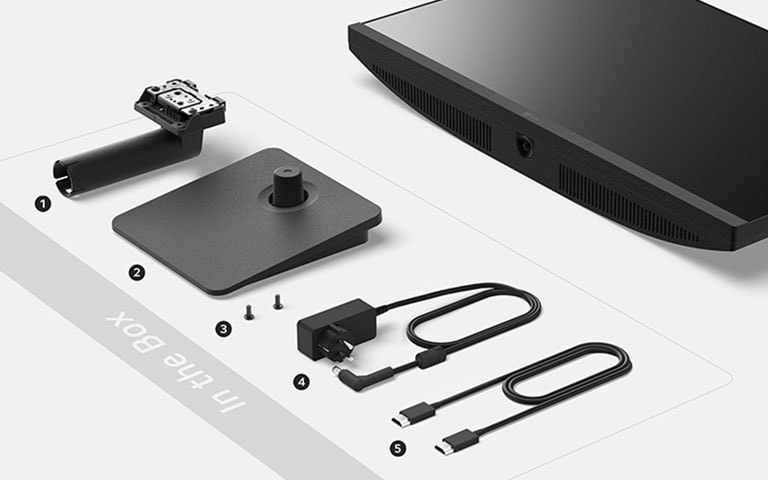 Cuerpo del soporte, base del soporte, tornillo, adaptador+código de alimentación y cable HDMI en la caja.