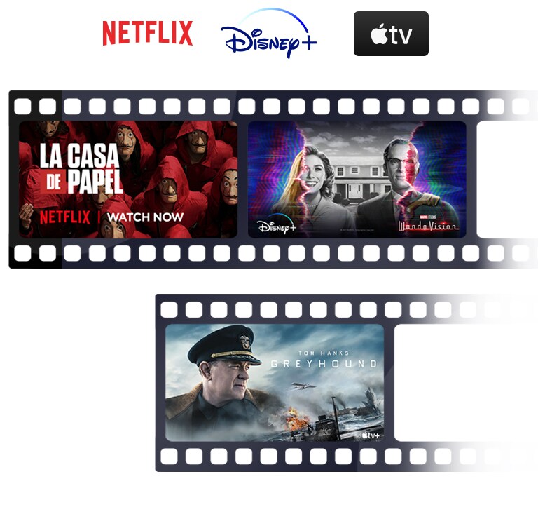 El logotipo de Netflix, Disney +, Amazon Prime Video y Apple TV están alineados horizontalmente. Debajo de los logotipos, un póster de Borat Subsequent Movie Film de Amazon Original, La Casa de Papel de Netflix, WandaVision de Disney + y Greyhound de Apple TV también están alineados horizontalmente.