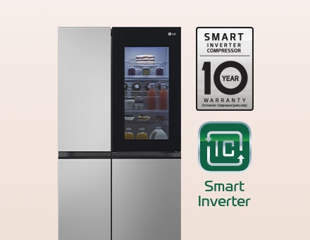 10 años de garantía en el costado del refrigerador, el logo de smart inverter