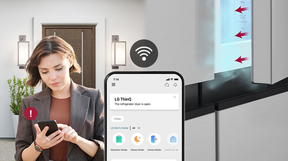 'La imagen muestra las notificaciones de la app LG ThinQ y el icono de Wifi encima del teléfono.