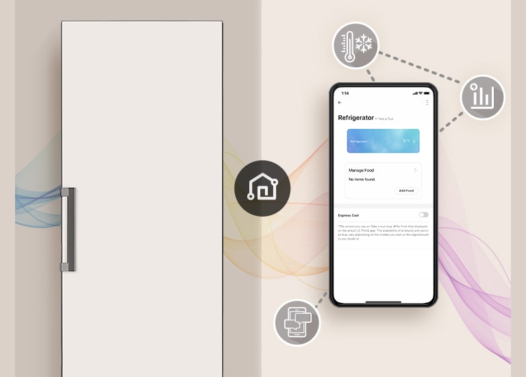 Esta imagen muestra un teléfono móvil con una despensa y una pantalla ThinQ. Alrededor del teléfono móvil aparecen iconos que introducen funciones ThinQ.