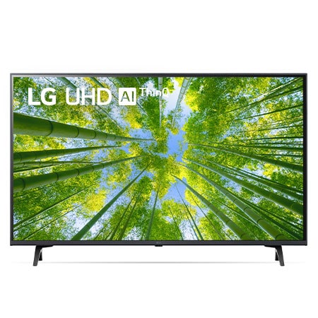 Una vista frontal del televisor LG UHD con la imagen de relleno y el logotipo del producto encima