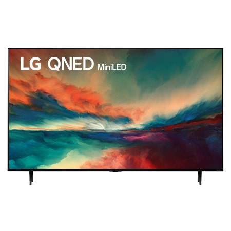 Una vista frontal del televisor LG QNED con imagen de relleno y logotipo del producto encendido