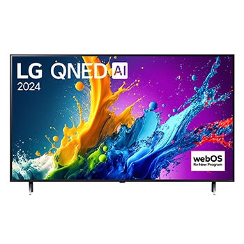 Una vista frontal del televisor LG QNED80 50QNED80TSA, mostrando el texto "QNED80", "LG QNED" y "2024" en la pantalla.