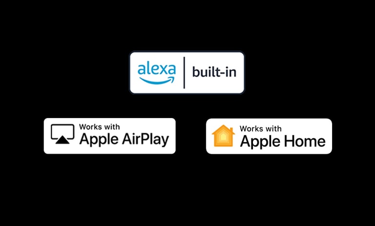 "Logotipo de alexa integrada Logotipo de funciona con Apple AirPlay Logotipo de funciona con Apple Home Logotipo de funciona con Matter"