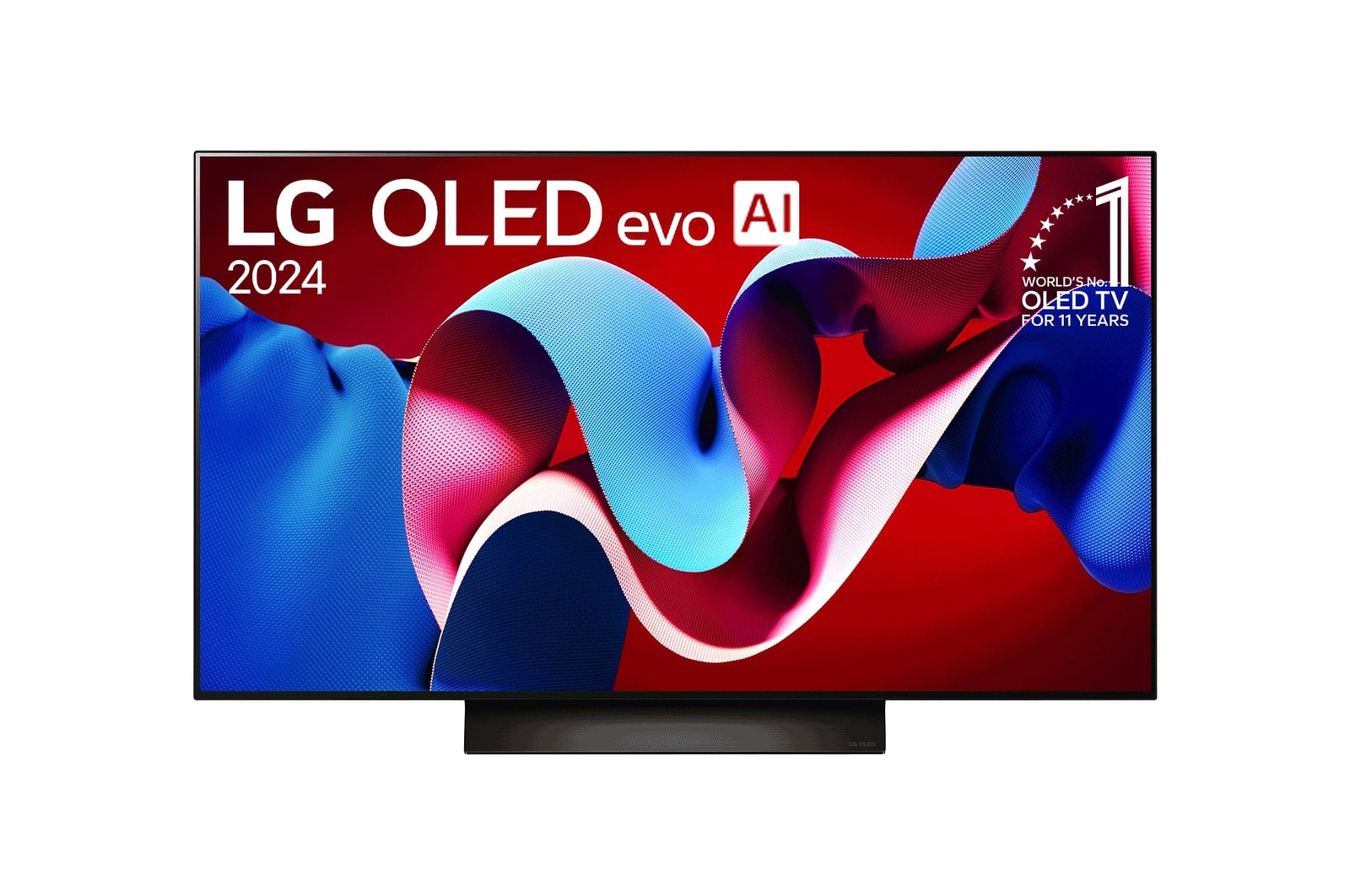 Una vista frontal del televisor LG OLED evo C4 OLED48C4PSA, con el "emblema de 11 años como la marca número 1 del mundo en OLED" mostrado en la pantalla.