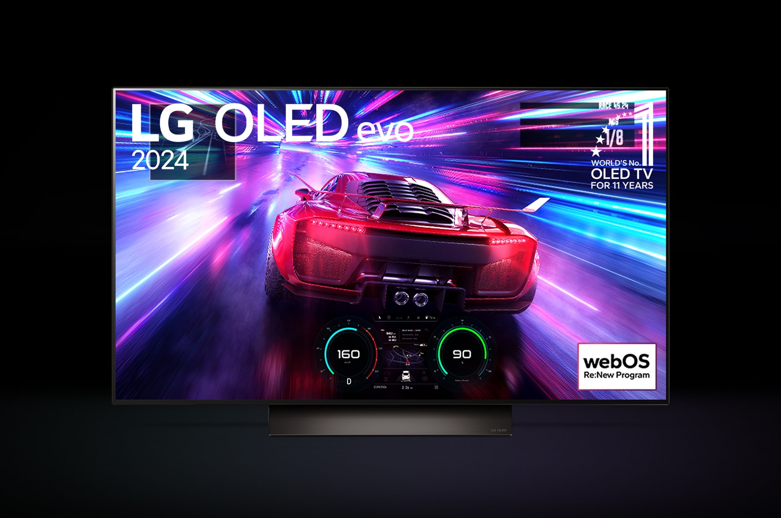 An LG C4 48 inch TV in dark space on a one-pole stand shows a colorful scene of a car racing game, and the colors reflect on the space below.