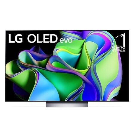 Vista frontal con LG OLED y Emblema 10 Años Marca OLED No.1 en el Mundo en la pantalla, así como la barra de sonido.