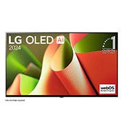 Una vista frontal del televisor LG OLED B4 OLED65B4PSA, con el "emblema de 11 años como la marca número 1 del mundo en OLED" mostrado en la pantalla, apoyado por un soporte de dos postes.