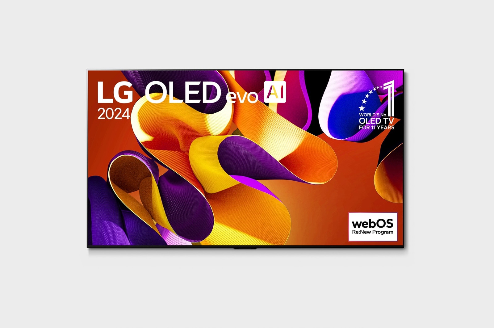 Vista frontal con la televisión LG OLED evo AI, la OLED G4, el emblema de 11 años siendo el número 1 mundial de OLED y el logotipo del programa webOS Re:New en la pantalla