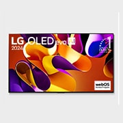 Vista frontal con la televisión LG OLED evo AI, la OLED G4, el emblema de 11 años siendo el número 1 mundial de OLED y el logotipo del programa webOS Re:New en la pantalla