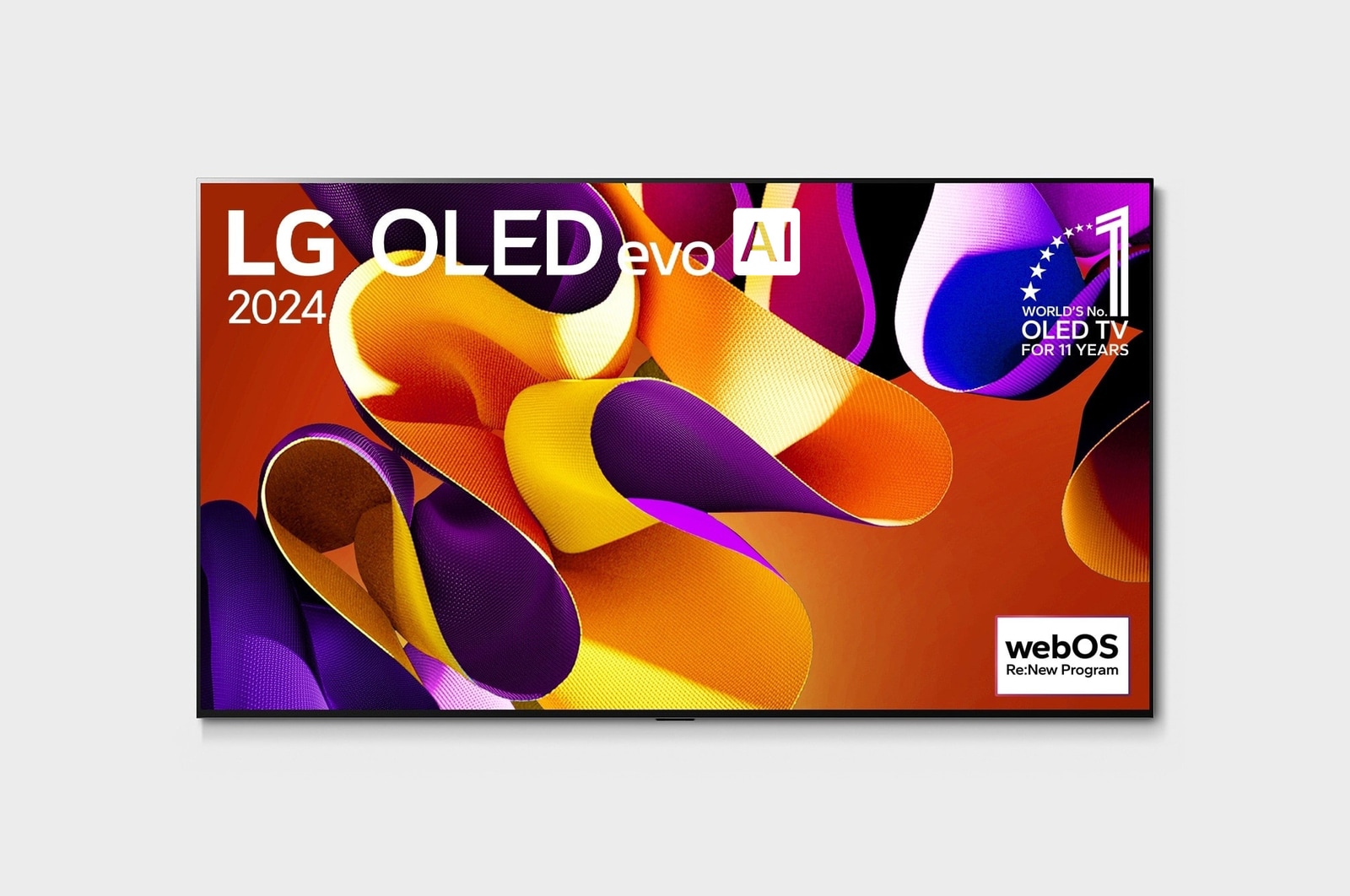 Vista frontal con la televisión LG OLED evo AI, la OLED G4, el emblema de 11 años siendo el número 1 mundial de OLED y el logotipo del programa webOS Re:New en la pantalla
