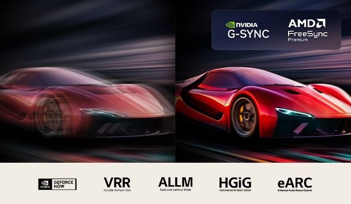 Dos imágenes de un automóvil en un videojuego, una al lado de la otra. Una muestra mucho desenfoque de movimiento. La otra es nítida y enfocada, lo que muestra la alta velocidad de cuadros del televisor LG OLED. Se ven el logotipo de Nvidia G-Sync y otras certificaciones relevantes.