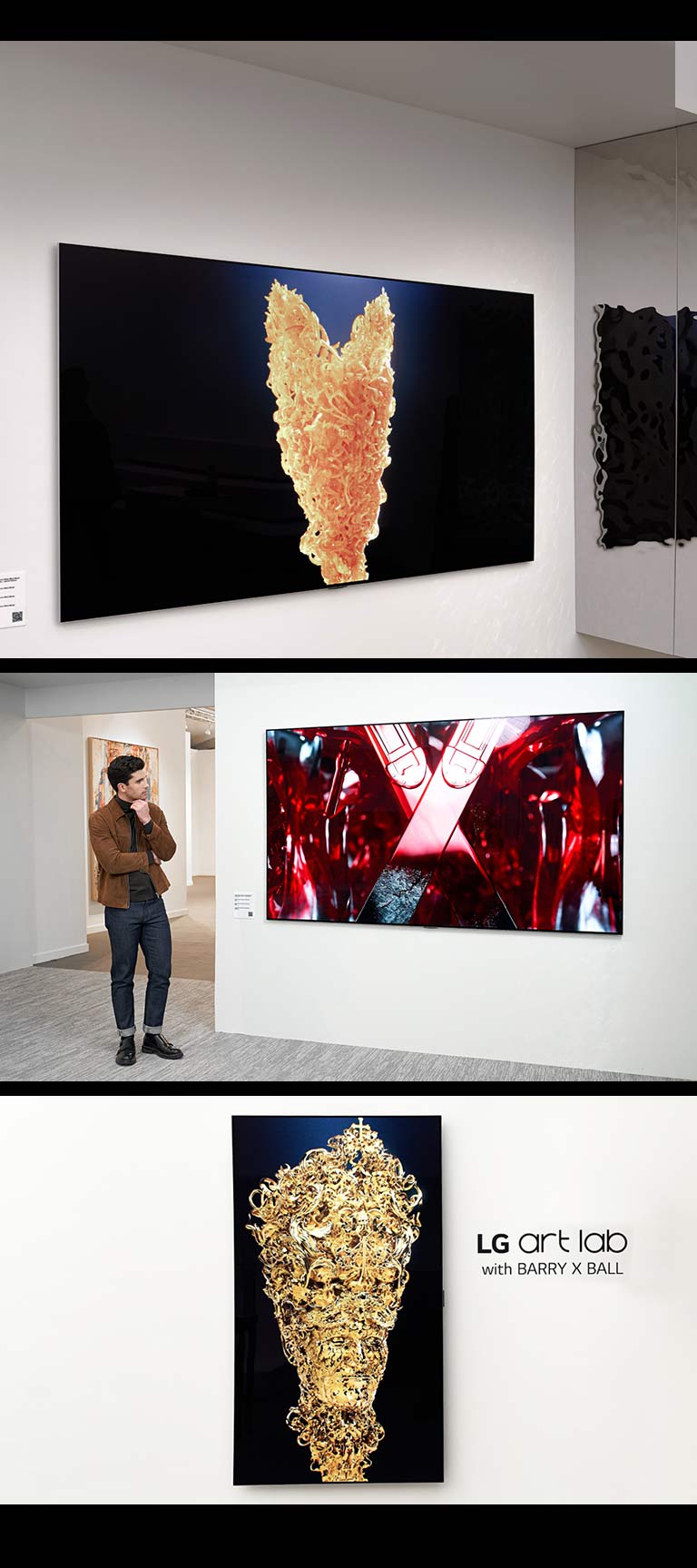 La imagen superior muestra una LG OLED en una habitación blanca con la imagen de una escultura dorada mostrándose en la pantalla. A su lado hay una escultura física de plata con un patrón de textura único que refleja lo que se muestra en la televisión. 	  La imagen inferior derecha muestra una LG OLED en una pared en una alineación vertical que muestra una escultura dorada que se asemeja a una persona. La frase “Laboratorio de arte LG con Barry X Ball” aparece sobreimpresa en la imagen del lado derecho de la televisión. La imagen inferior izquierda muestra a un hombre en una galería de arte mirando una obra de arte digital en rojo y negro de una escultura en una LG OLED.