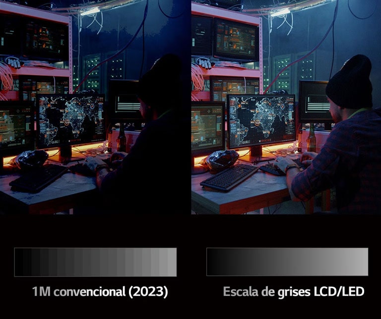 A través de la pantalla dividida, se ve a un hombre mirando un monitor en una habitación oscura. Se compara la diferencia en la calidad de imagen entre los lados izquierdo y derecho.