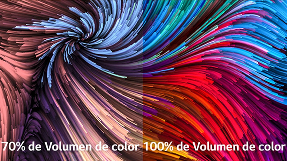 Una imagen de pintura digital muy colorida se divide en dos sectores - a la izquierda es una imagen menos vívida y a la derecha es una imagen más vívida. En la parte inferior izquierda el texto dice 70% de volumen de color y en la derecha dice 100% de volumen de color.