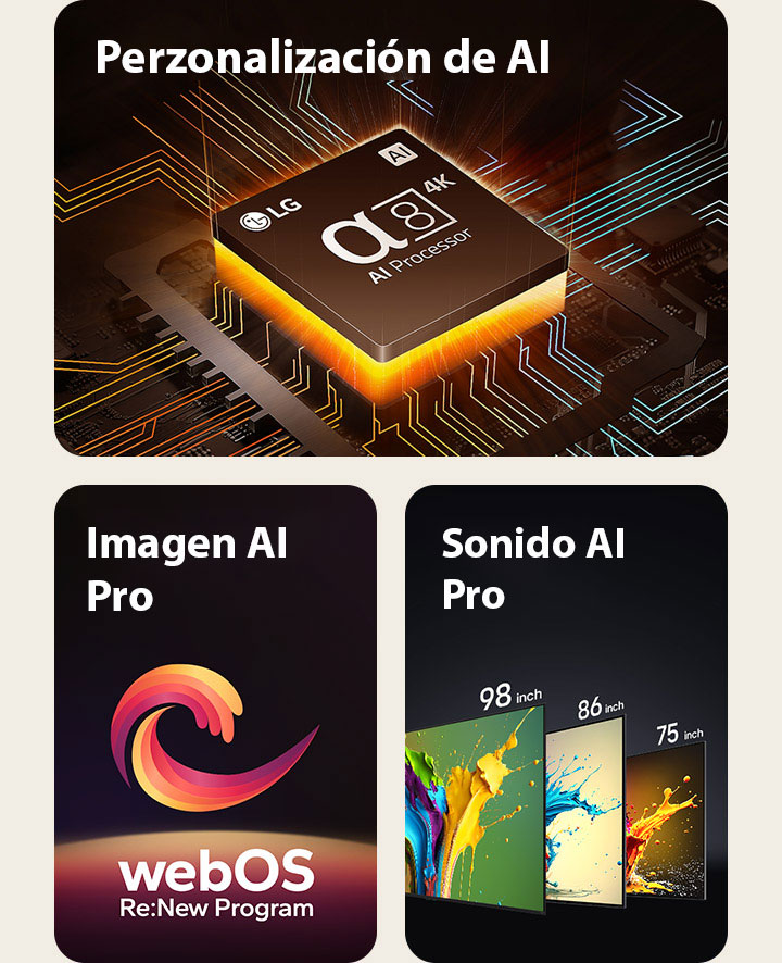 El procesador Alpha 8 AI 4K se muestra con una luz naranja que emana desde abajo. Se muestra una forma de espiral roja, amarilla y violeta entre las palabras "WebOS actualizable" y "webOS Re:Nuevo programa". Los televisores LG QNED89, QNED90 y QNED99 se muestran en orden de izquierda a derecha. Cada televisor muestra un toque de color y las palabras "Ultra Big TV" se muestran encima de los televisores.