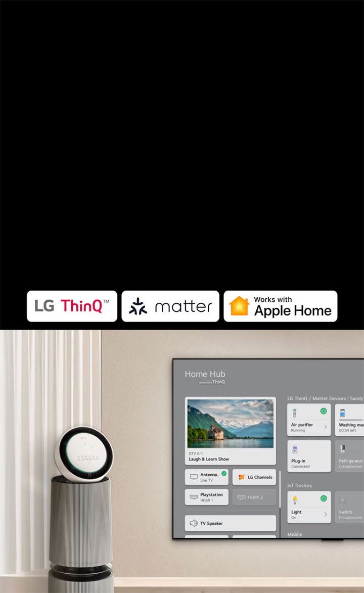 Un logotipo de LG ThinQ™, Matter y Apple Home. Un televisor LG montado en una pared y un LG PuriCare™ Objet Collection 360° a la izquierda. El televisor muestra Home Hub y el cursor hace clic en "Purificador de aire" y se activa LG PuriCare™ Objet Collection 360°.