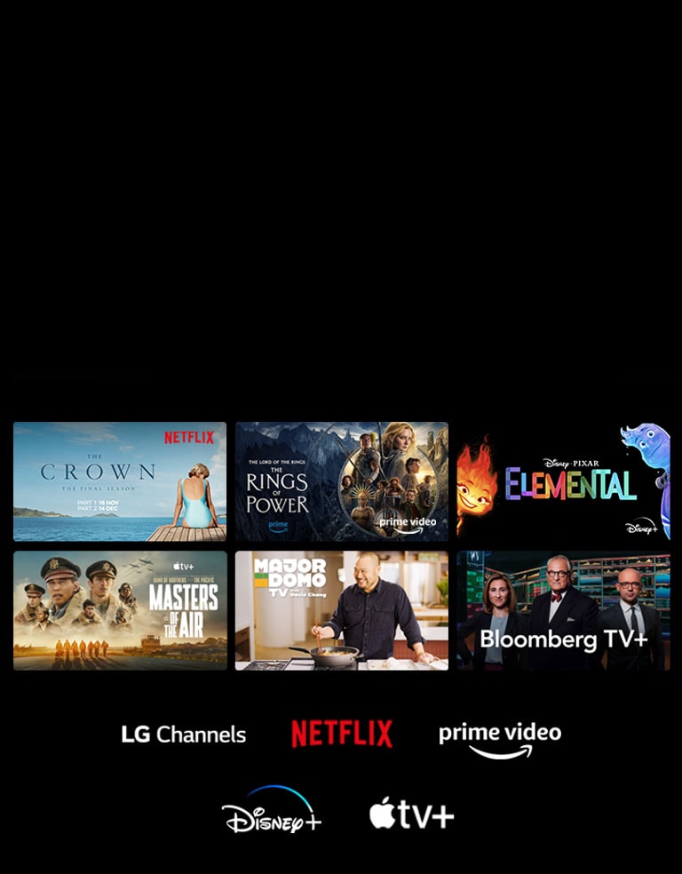 Se muestran seis miniaturas de películas y programas de televisión y los logotipos de los canales LG, Netflix, Prime Video, Disney+ y Apple TV+ se encuentran debajo