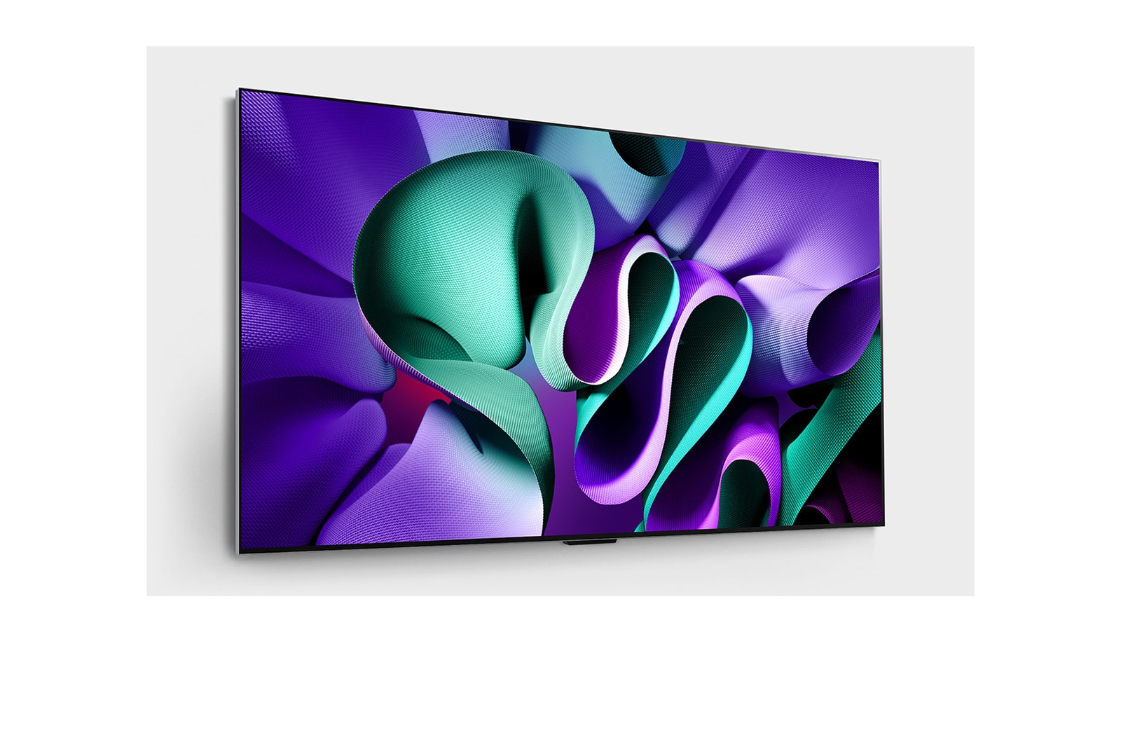 Slightly-angled right-facing side view of LG OLED TV, OLED M4 SINGATURE on a stand