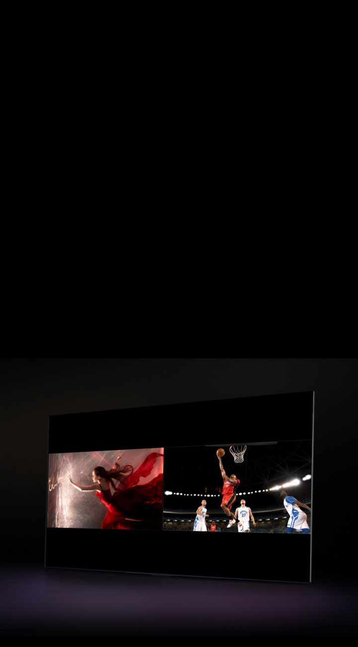 Un televisor LG muestra una película y la pantalla está dividida de modo que la mitad muestra una película y el otro lado muestra Spotify. El cursor hace clic en un botón para abrir el panel de configuración de Vista múltiple y hace clic en el botón TV en vivo, y la ventana de Spotify cambia a cobertura de deportes en vivo.