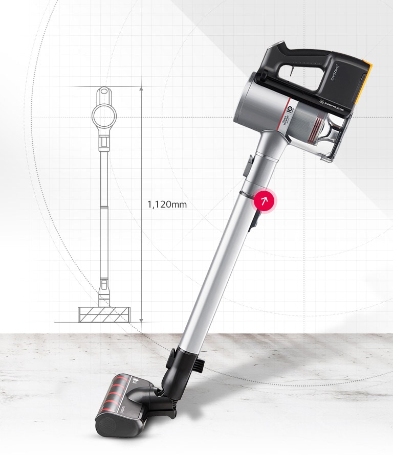 Vista lateral del producto con flecha en el tubo indicando extensión de 4 etapas. Dibujo muestra varita extendida.