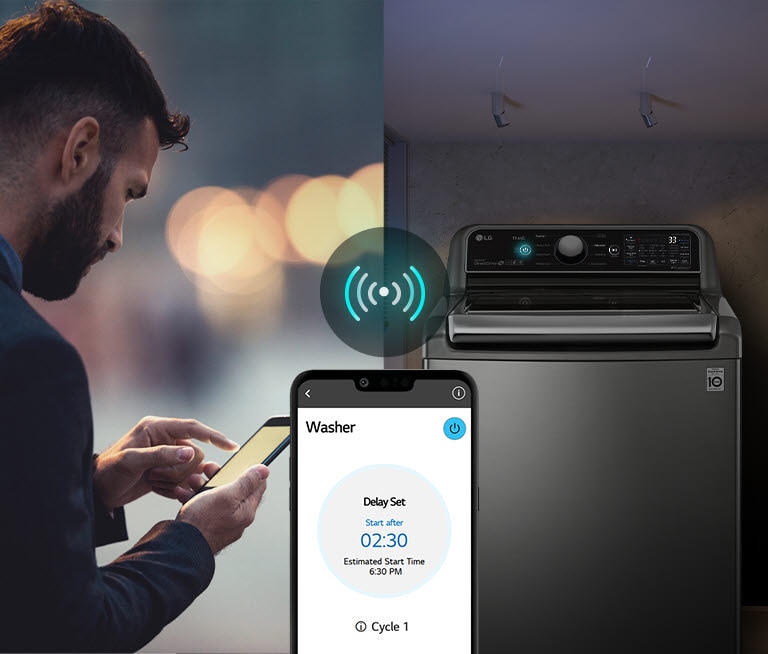 A la izquierda, un hombre ve su celular a la derecha una lavadora con luz en el centro, la app ThinQ muestra la lavadora.