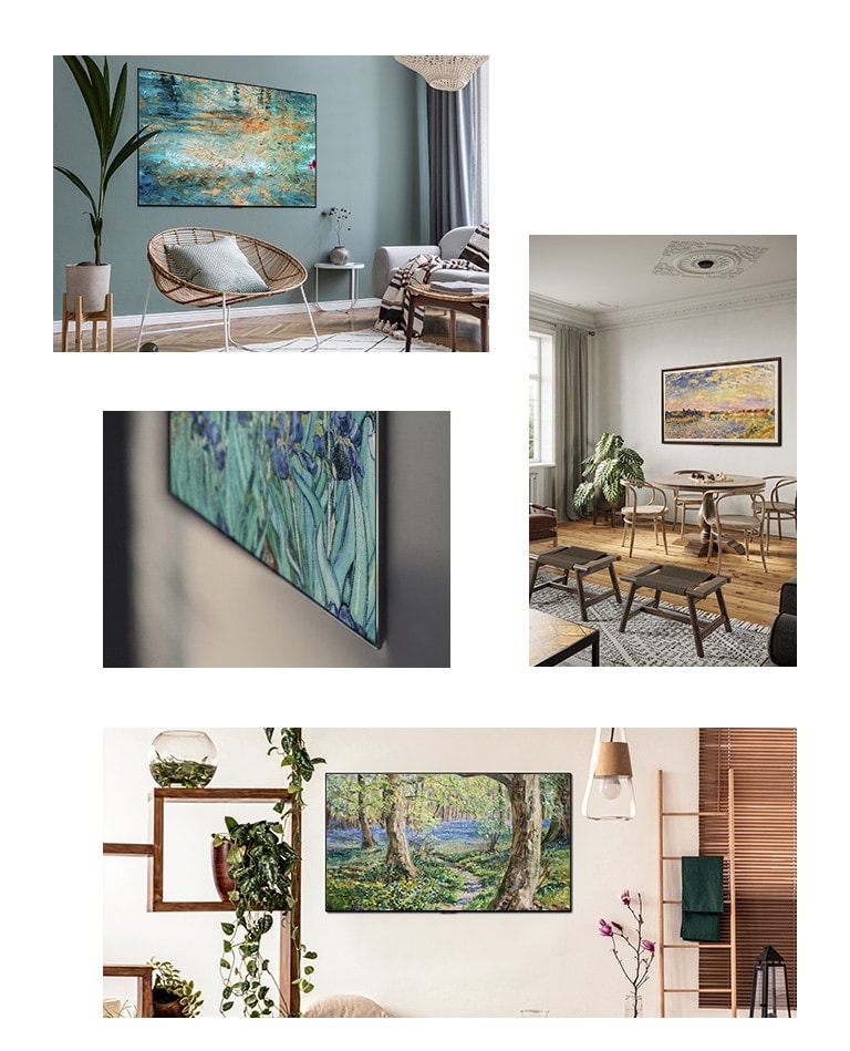 "Un televisor que muestra un cuadro está colgado en la pared de una sala de estar con una silla, un sofá y una maceta. Un primer plano del borde de un televisor de diseño delgado que muestra una pintura. Un televisor que muestra un cuadro está colgado en la pared de una sala de estar con una mesa, sillas y una maceta. Un televisor que muestra un cuadro está colgado en la pared de una sala de estar con macetas y una escalera."