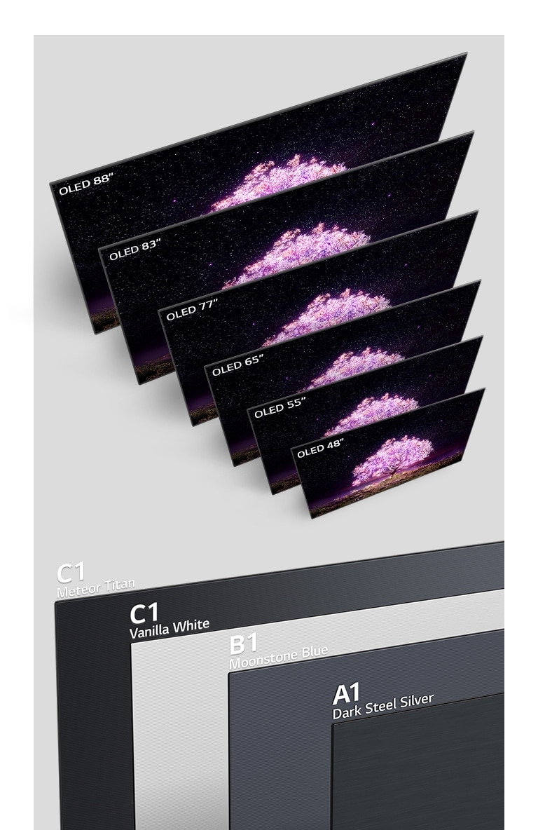 Diferentes tamaños de TV que muestran un árbol brillante en rosa están colocados en una fila. Una vista trasera de un televisor en color Meteor Titan con el texto de C1 en la parte superior izquierda. Una vista trasera de un televisor en color Vanilla White con el texto de C1 en la parte superior izquierda. Una vista trasera de un televisor en color Moonstone Blue con el texto de B1 en la parte superior izquierda. Una vista trasera de un televisor en color Dark Steel Silver con el texto de A1 en la parte superior izquierda.