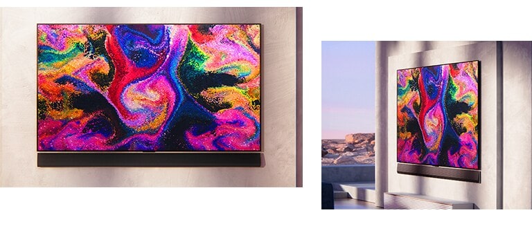 Un televisor que muestra una pintura colorida y una barra de sonido en la parte inferior del televisor están colgados en la pared. Un televisor que muestra una pintura colorida y una barra de sonido en la parte inferior del televisor están colgados en la pared.