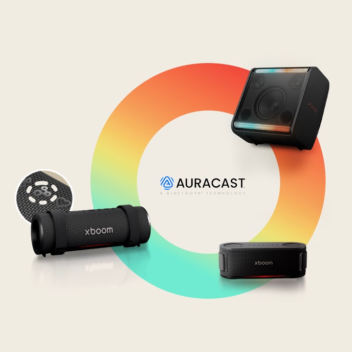 En un círculo de colores del arcoíris, xboom Stage 301, Grab y Bounce se colocan en el sentido de las agujas del reloj. Junto a xboom Bounce, la imagen del botón Auracast se coloca en un círculo.