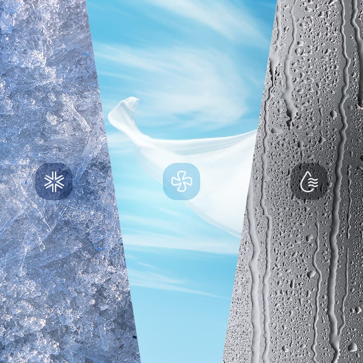 Ilustración de tres modos: enfriar con hielo, ventilar con flujo de aire y secar con gotas de agua.