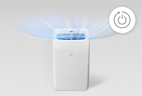 Acondicionador de aire portátil que muestra la función de reinicio automático con el icono de encendido.