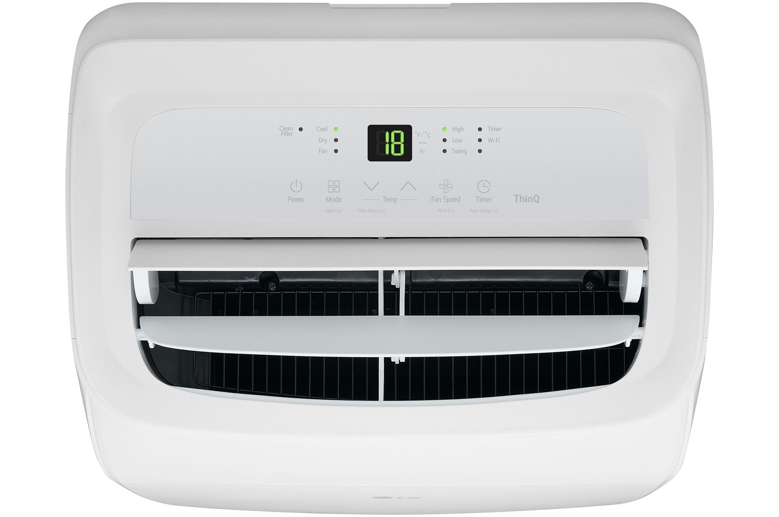 Close-up of a portable air conditioner's control panel with power on