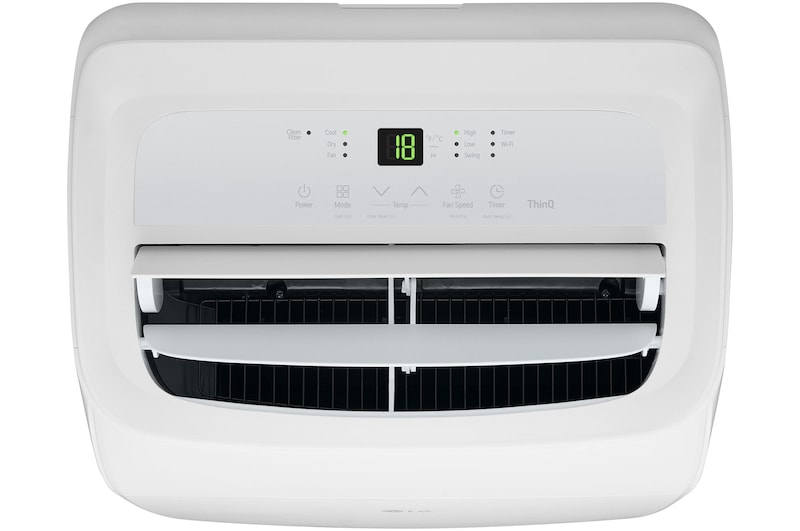 Close-up of a portable air conditioner's control panel with power on