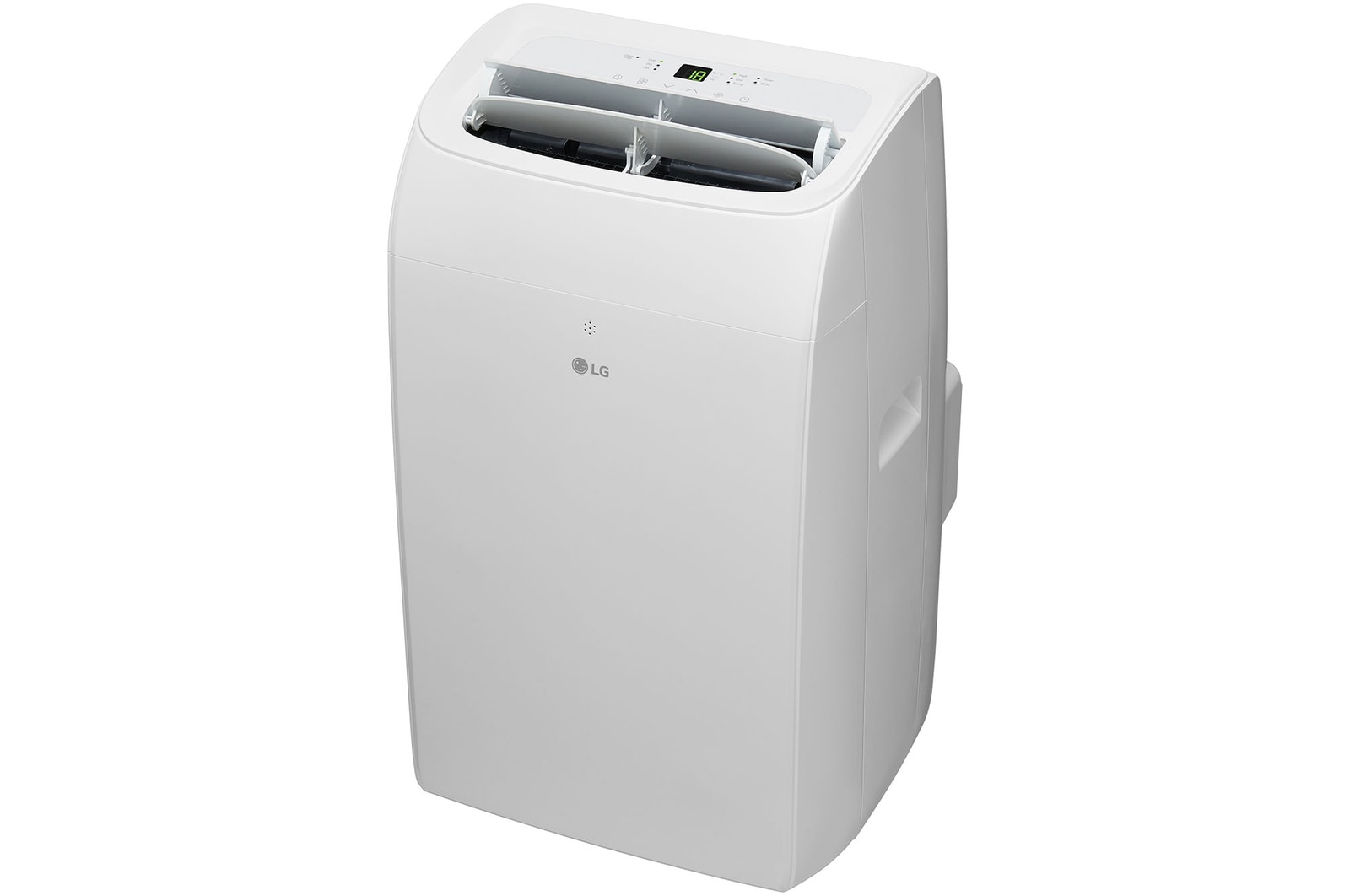 Right-side view of a portable air conditioner with power on