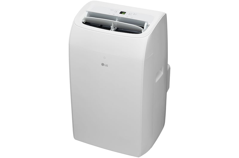 Right-side view of a portable air conditioner with power on