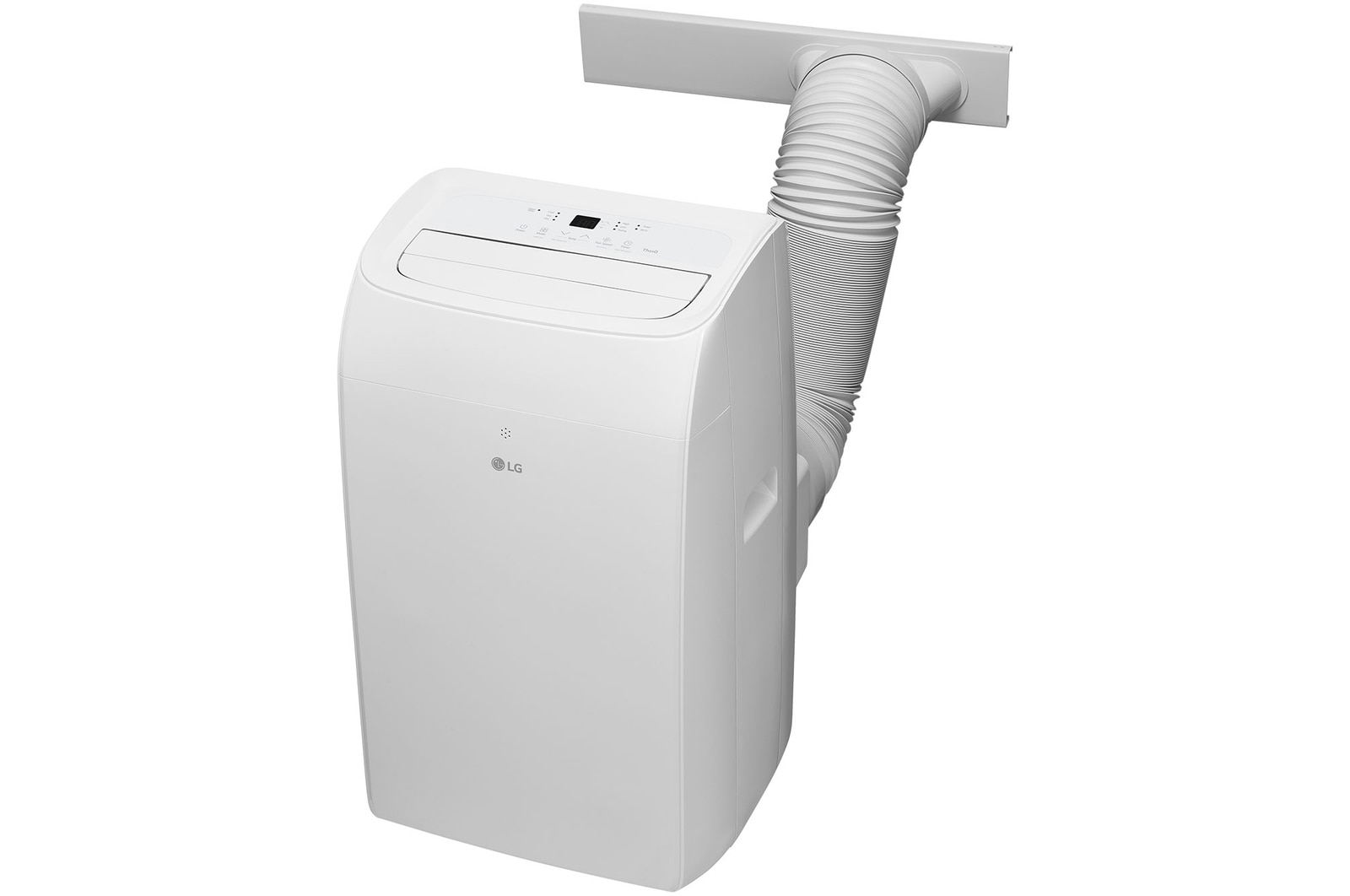 Front view of a portable air conditioner with an attached exhaust hose