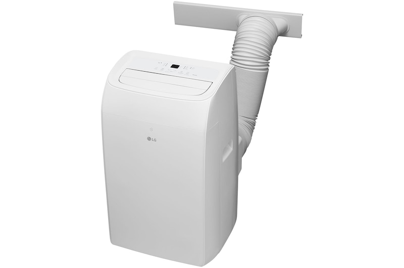 Front view of a portable air conditioner with an attached exhaust hose