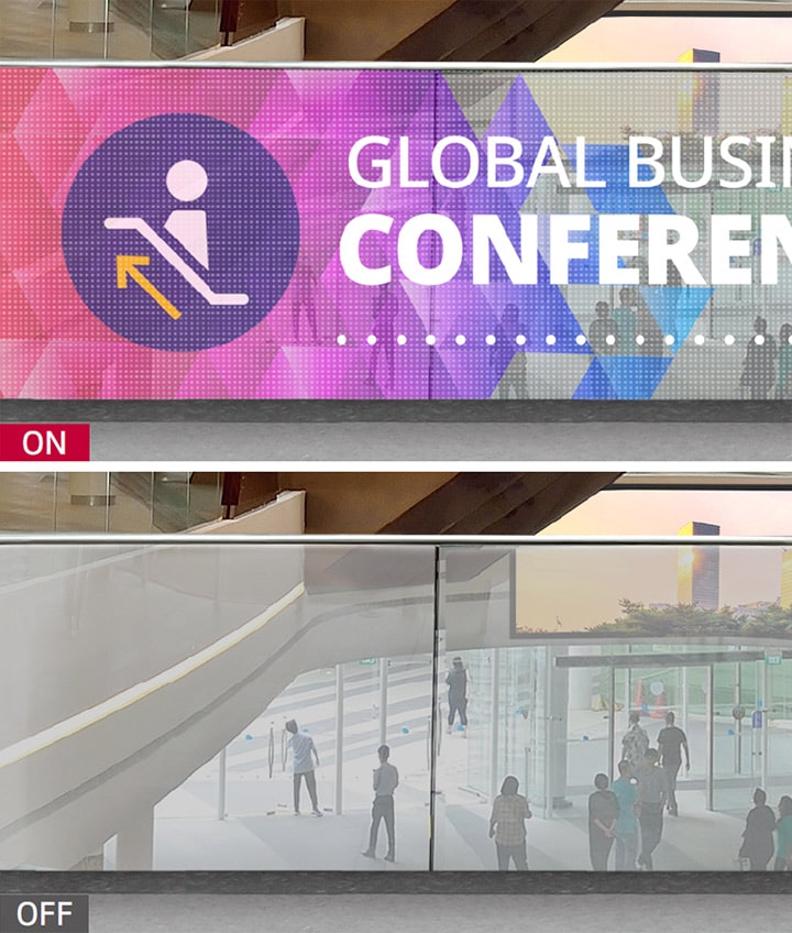 La LG LED Transparente muestra información cuando se enciende y refleja el fondo detrás del producto cuando se apaga.