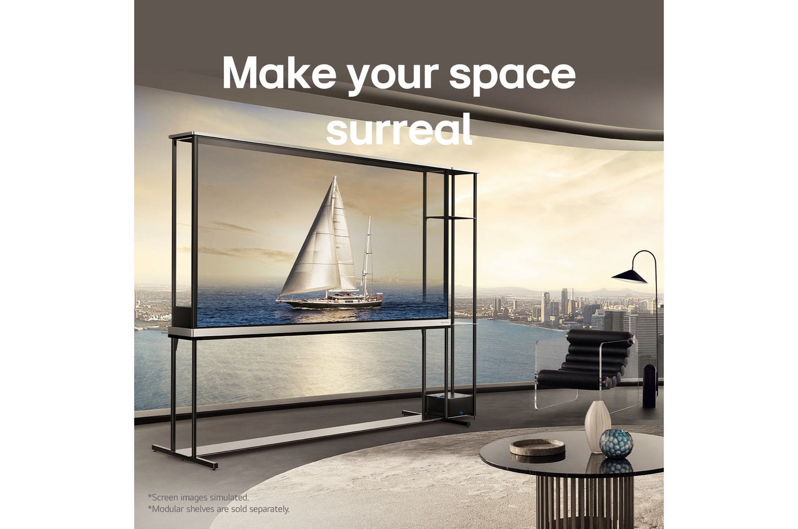 Living room of a penthouse apartment with an LG Signature OLED T by the floor-to-ceiling panoramic window. Outside is a beautiful view of a cityscape by a body of water. On the TV screen is a yacht, but because the TV is in transparent mode, the yacht looks like it's floating in the actual water outside.