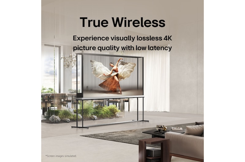 LG Signature OLED T sits in the middle of a modern living room depicting a dancer. Zero Connect Box is placed on a small table next to the couch.