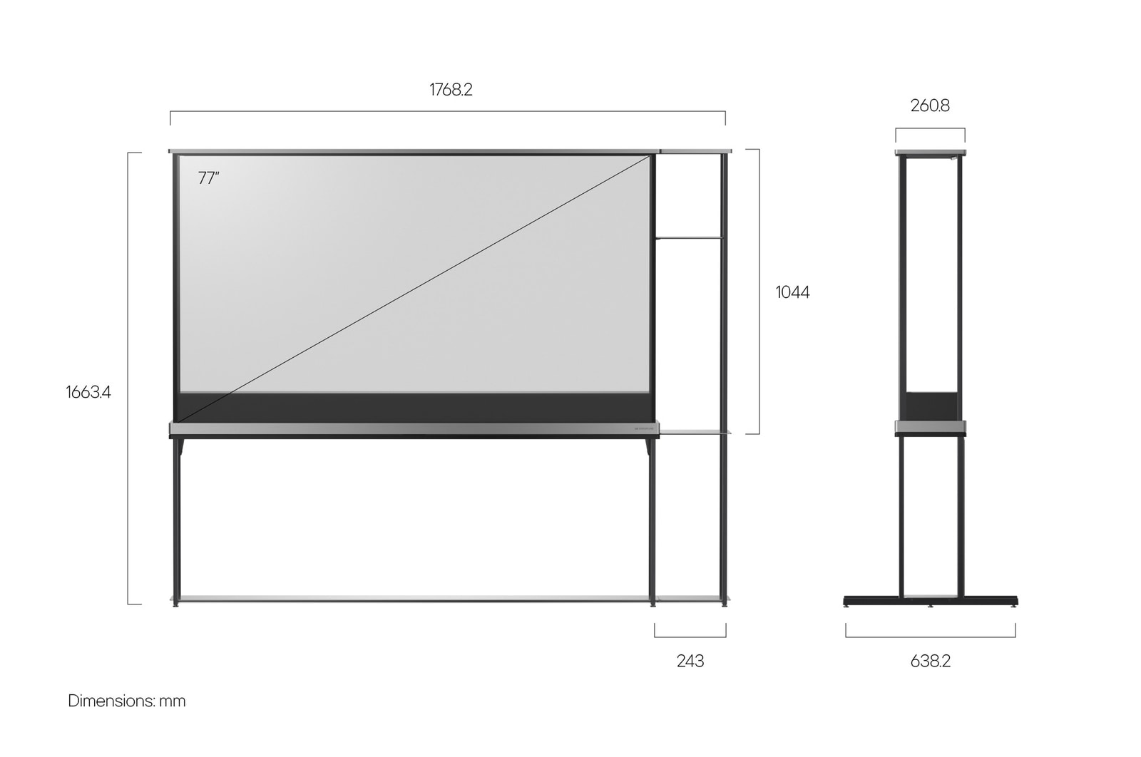 Front view of the LG SIGNATURE OLED T with an attached modular shelving unit and a side view of the LG SIGNATURE OLED T showing dimensions.
